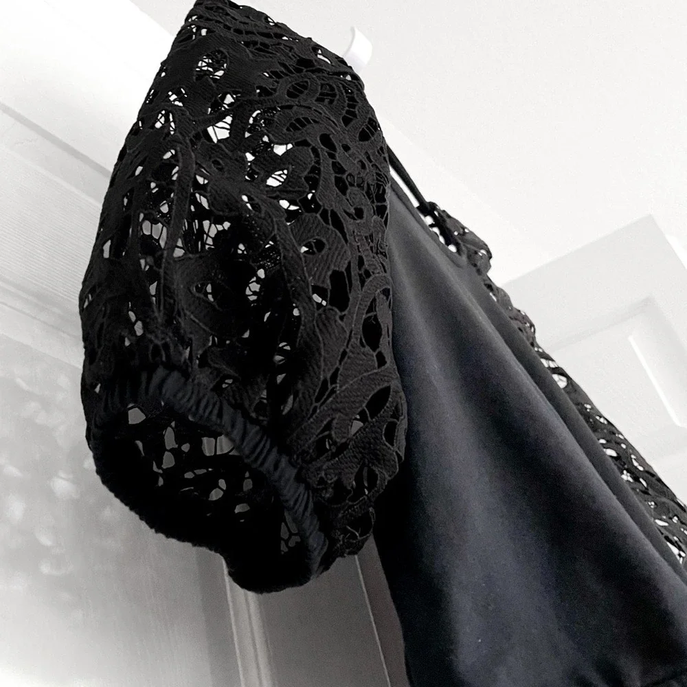 Anthropologie Dolan Balloon Sleeve Top Lace Cut Outs Black Sz S Boho‎ Volume